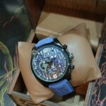 ساعة يد رجالى لون كحلى أستيك جلد طبيعى أزرق فاتح ميناء كحلى