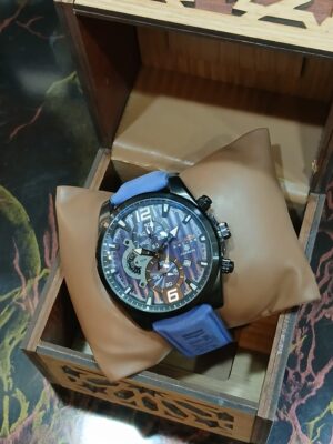 ساعة يد رجالى لون كحلى أستيك جلد طبيعى أزرق فاتح ميناء كحلى